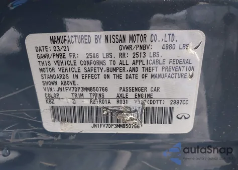 2021 Infiniti Q50 Red Sport 400 z USA, uszkodzony, nr VIN JN1FV7DP3MM850766